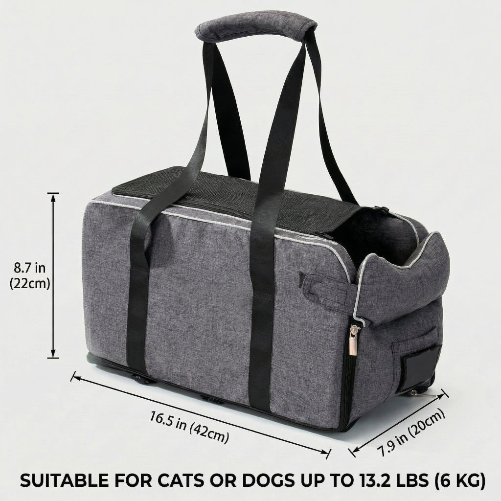 Gray 2-in-1 center console dog car seat and portable carrier on a white background with black straps and carry handles.