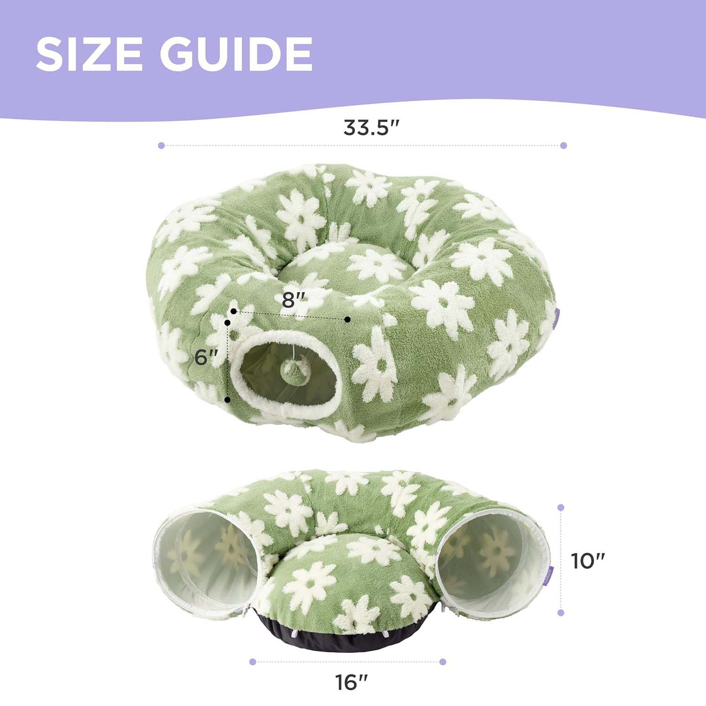 Size guide: 33.5" outer diameter, 16" cushion, 10" tall, tunnel opening 8" wide × 6" tall.
