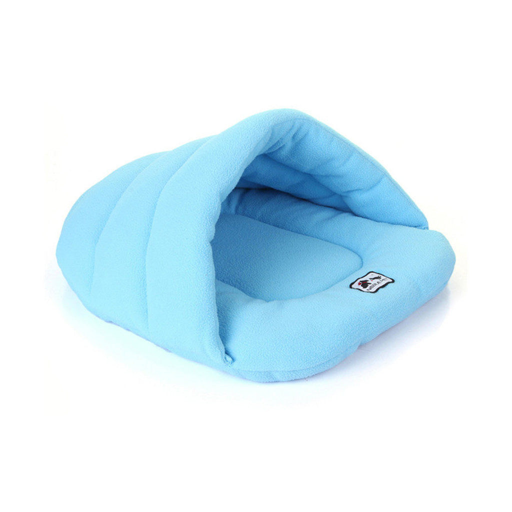 Sky blue fleece pet cave bed with open hooded sleeping-bag design for cats and small dogs.