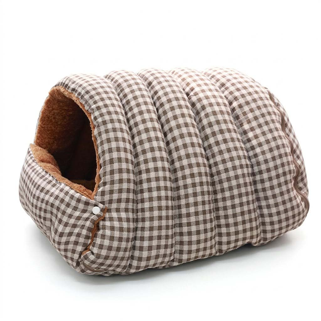 Chocolate brown gingham cave pet bed with tan plush lining and padded tunnel body.