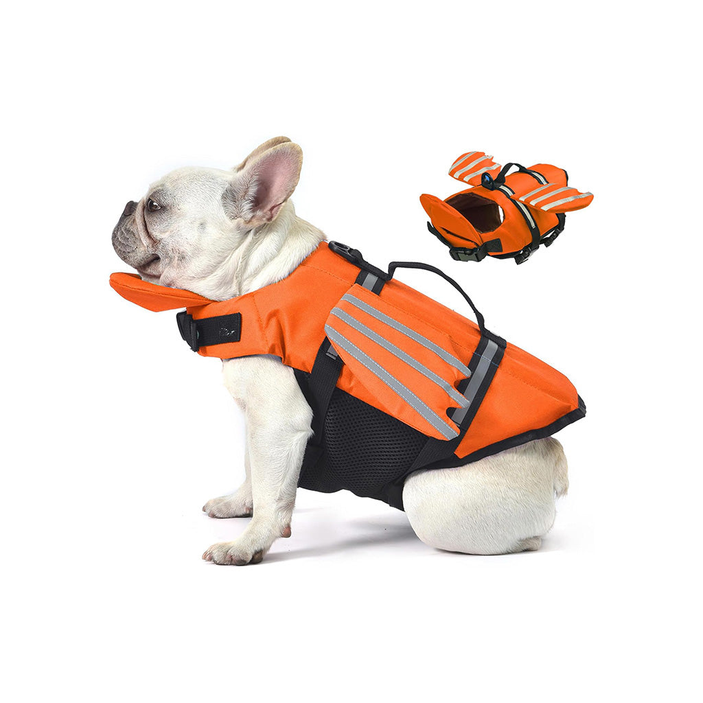 French bulldog in an orange angel wing dog life jacket on a white background, with black straps and reflective stripes.