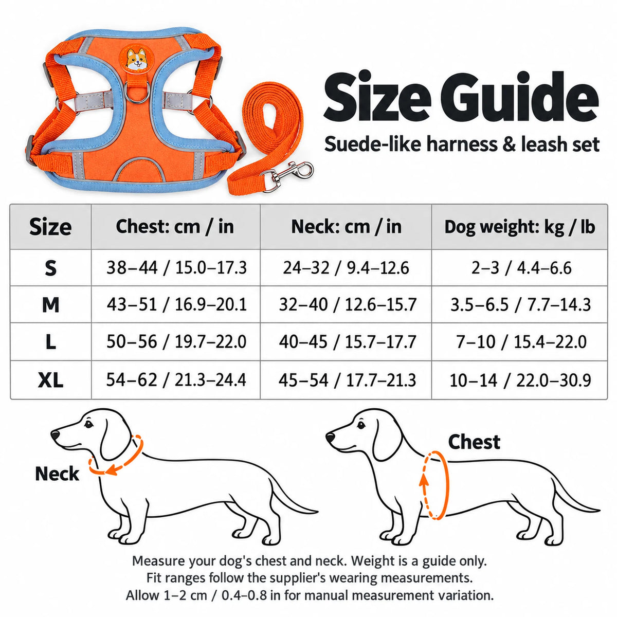 S to XL step-in dog harness size guide with chest and neck ranges in centimeters and inches, plus weight guidance.
