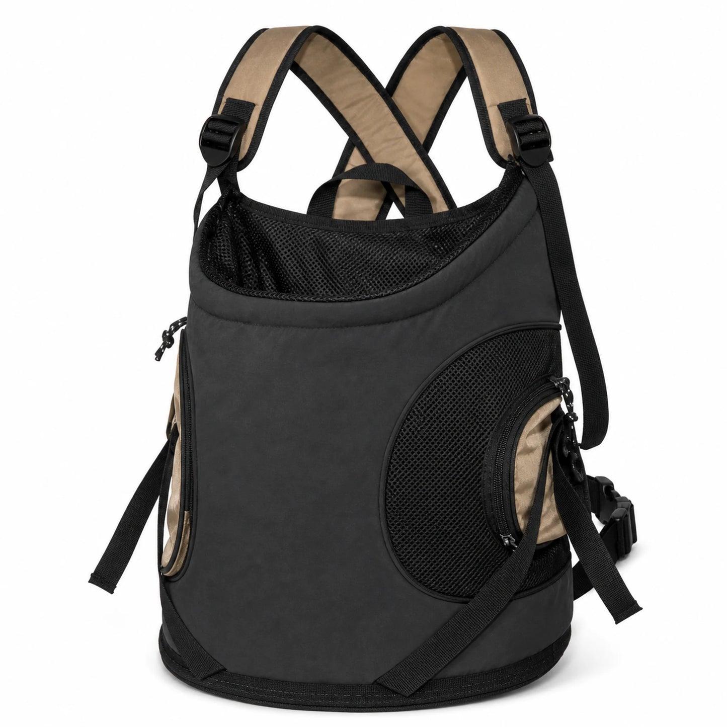 Black X-strap front pet carrier on a white background