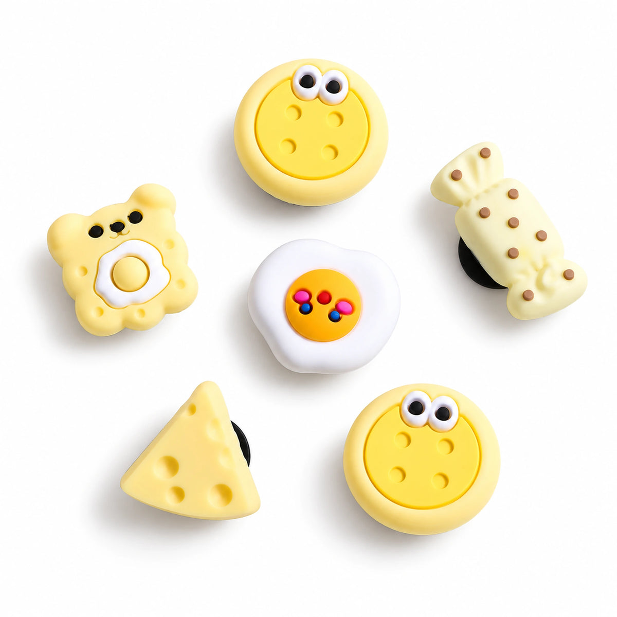 Six-piece cheese and bread decorative hole charm set with yellow food shapes and a white egg shape