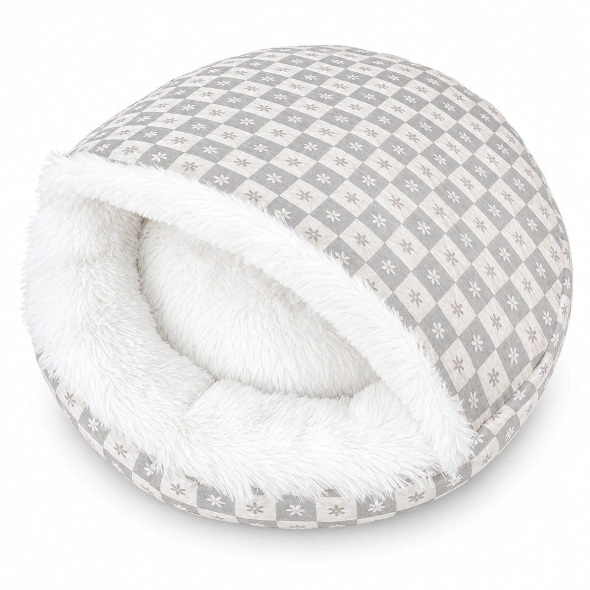 Gray and white daisy-check hooded pet bed with a long plush lining and padded rim