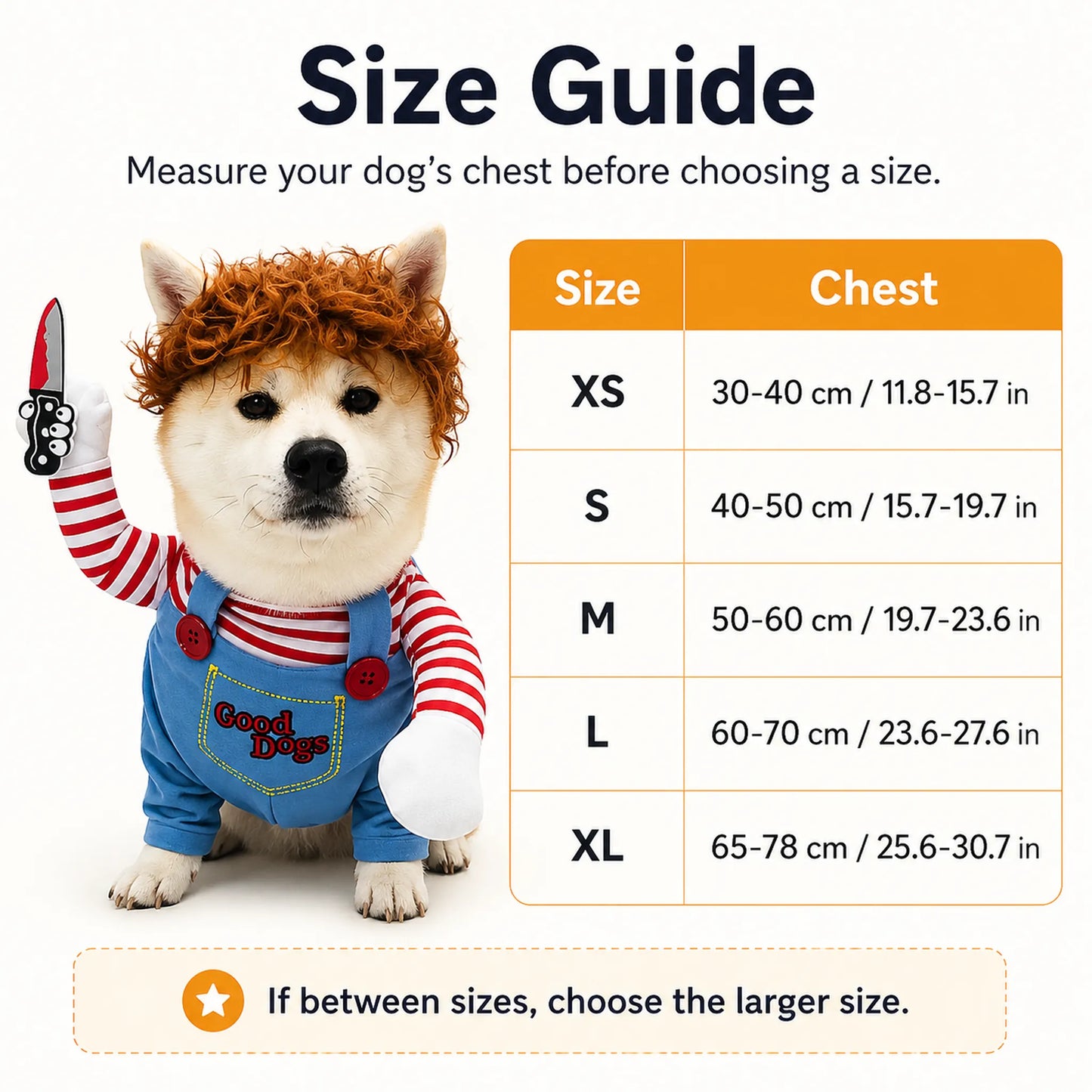 Size guide for Halloween dog costume with XS to XL chest measurements