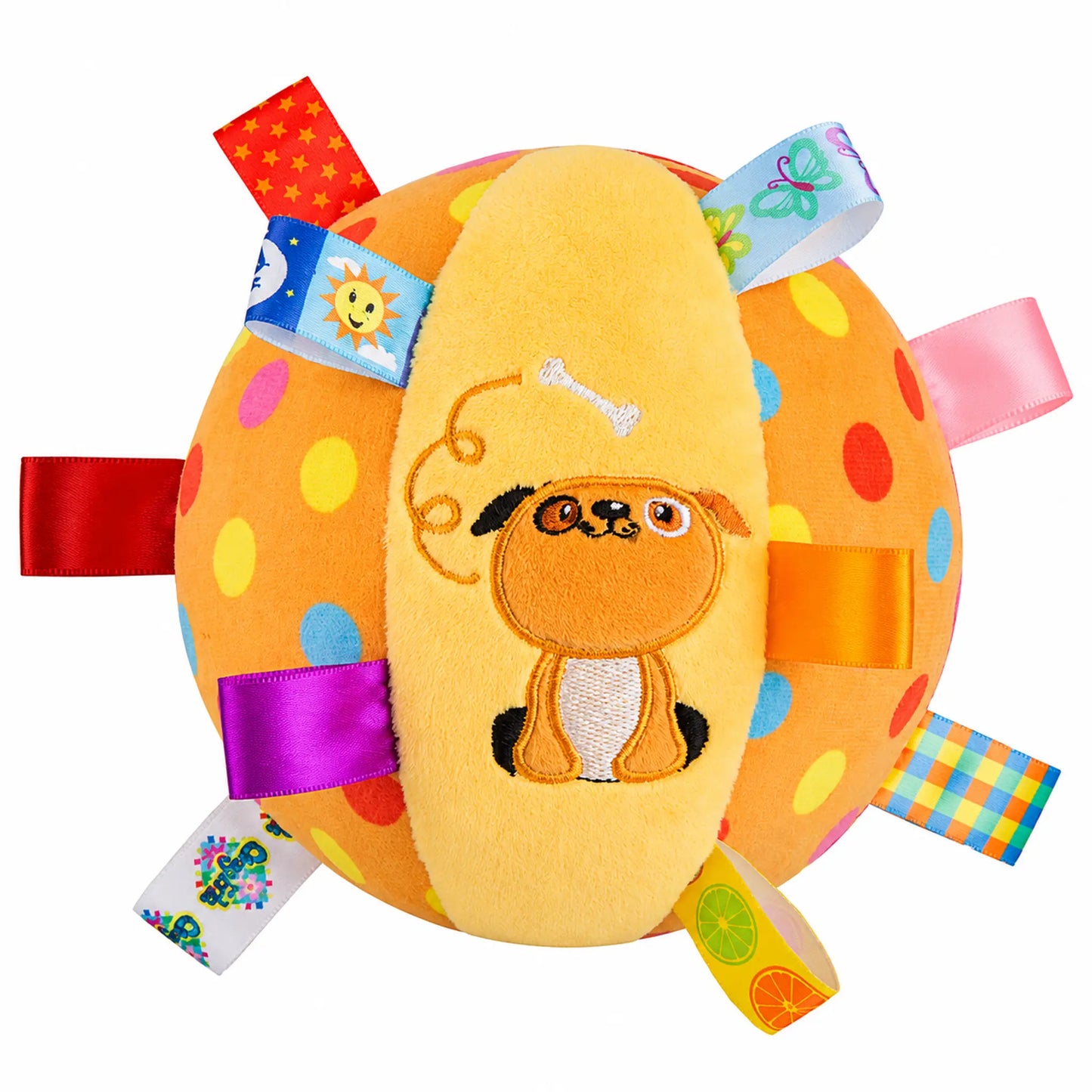 Yellow Puppy plush bell dog toy with colorful grab tags