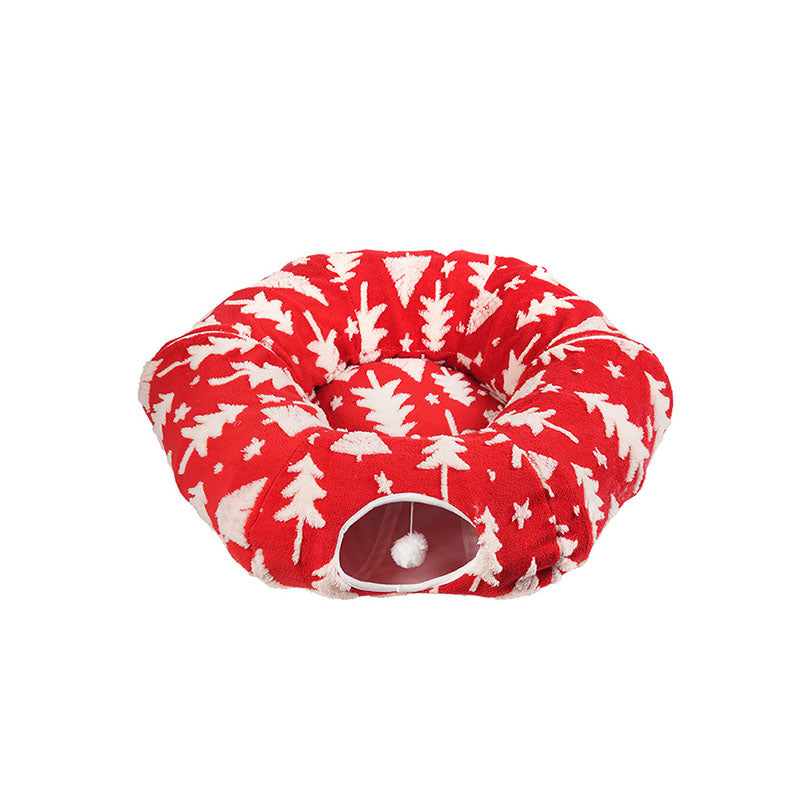Red Christmas Tree variant — red plush donut cat tunnel bed with white Christmas tree pattern, shown on a white studio background.