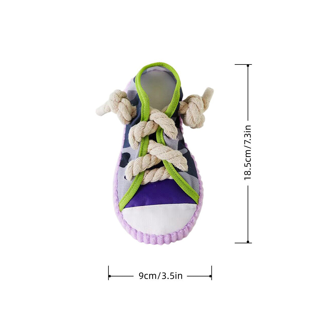 Purple and green sneaker dog toy with rope knot teether on a white background, shown with size measurements.