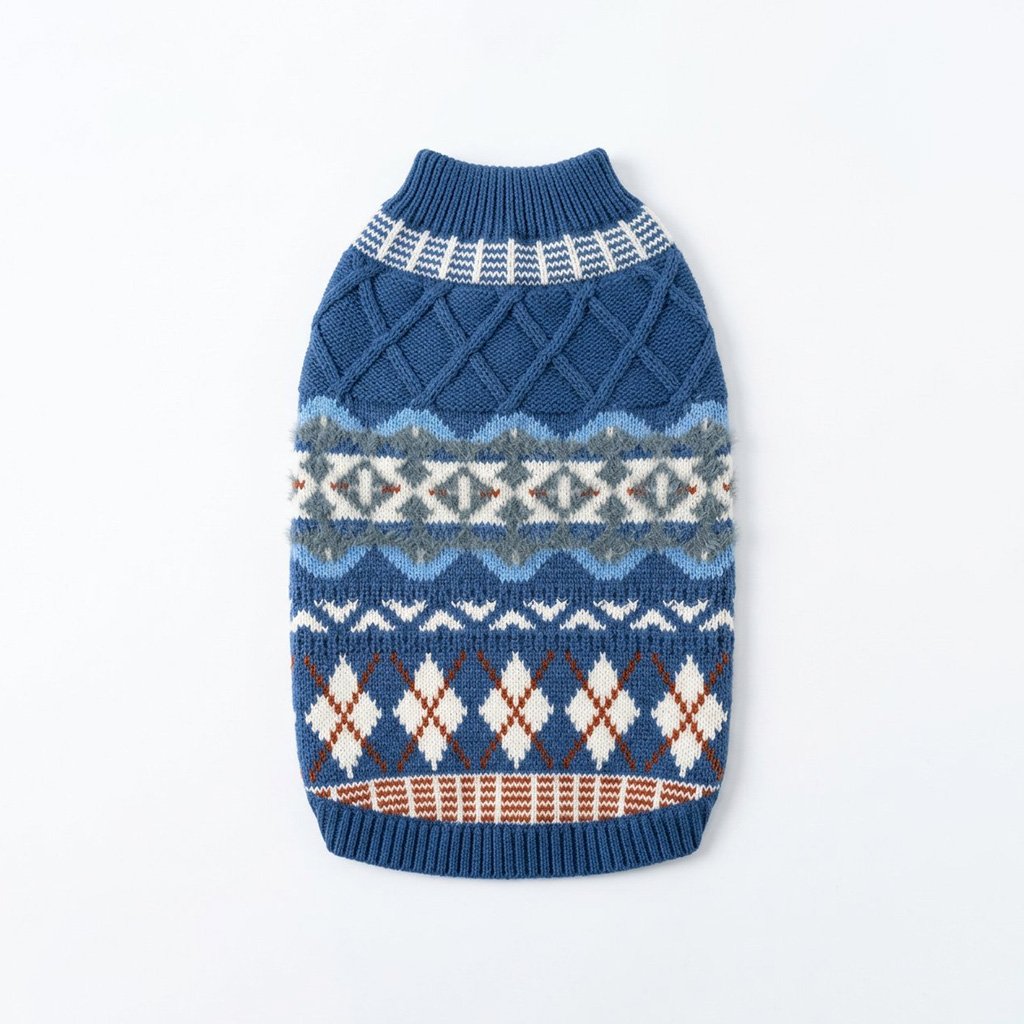 Denim blue Fair Isle knit pet sweater with raised argyle texture and geometric bands on white background.