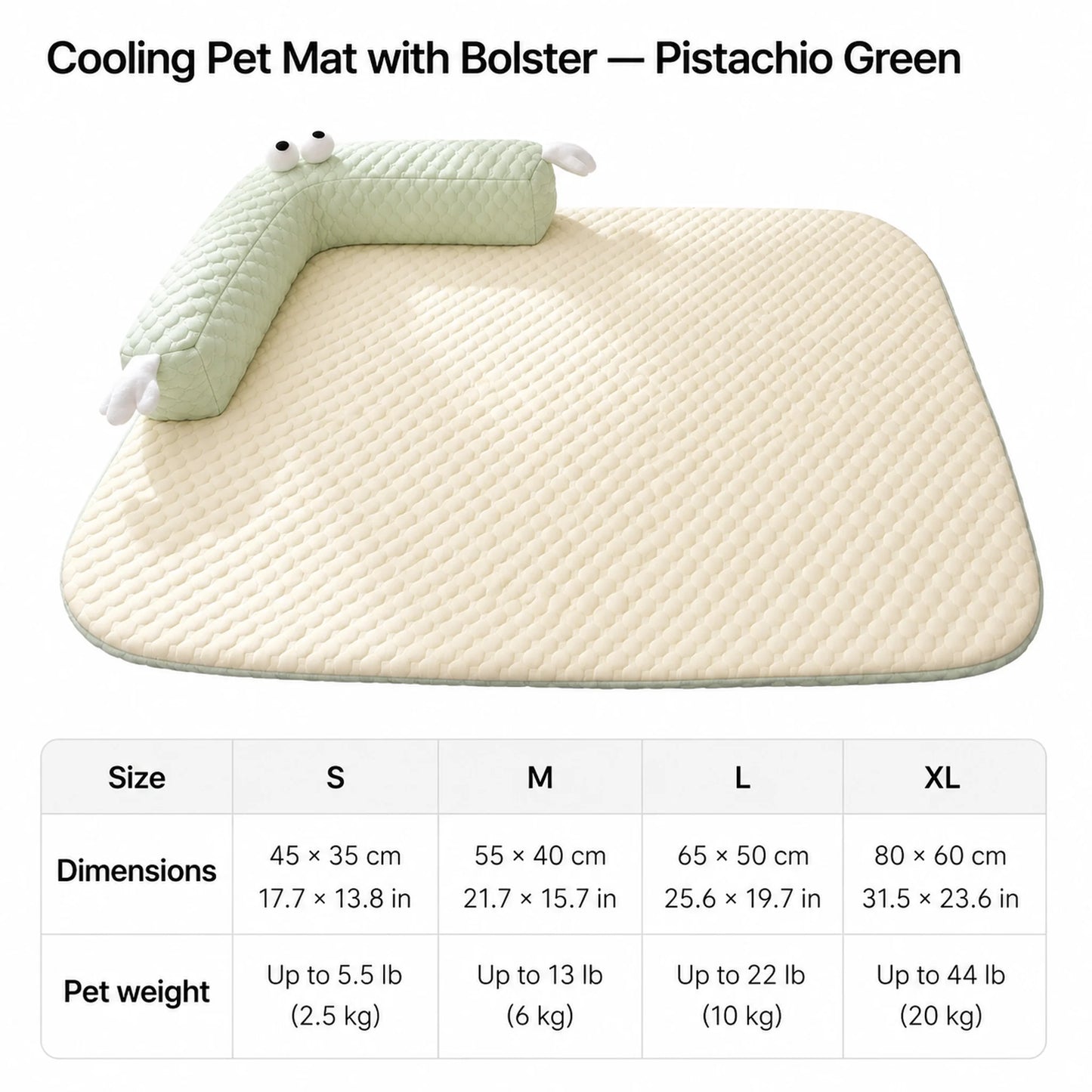 Pistachio Green cooling pet mat with bolster — size chart S/M/L/XL with cm and inch dimensions