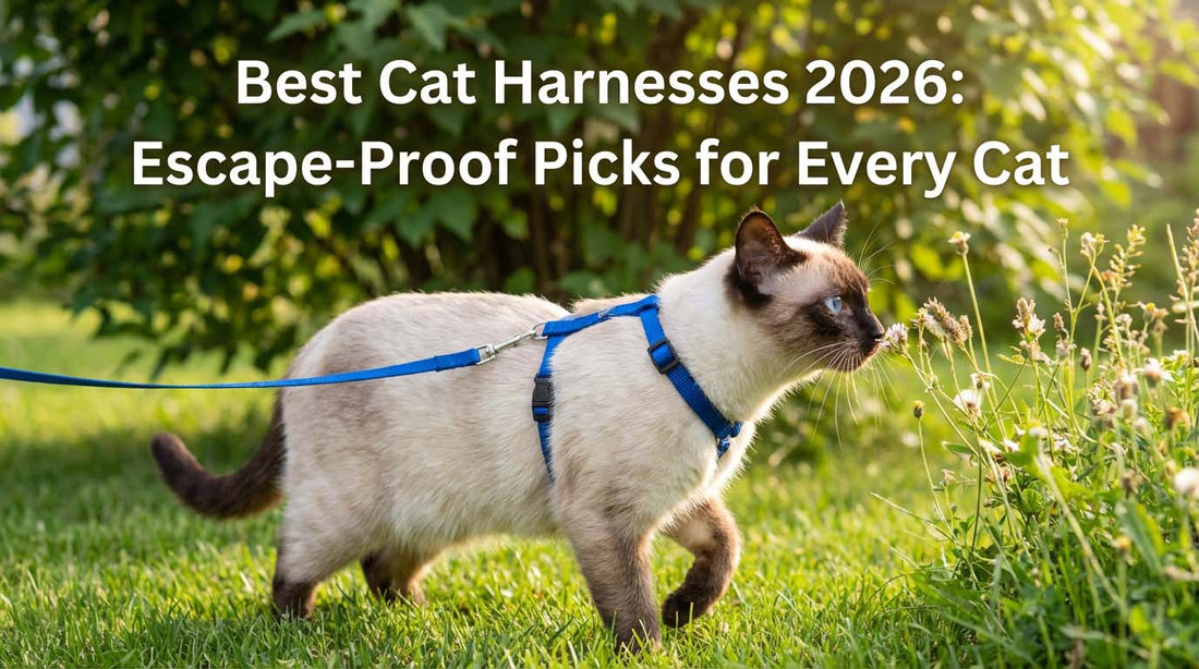A Siamese cat wearing a blue harness and leash exploring a sunny green lawn.