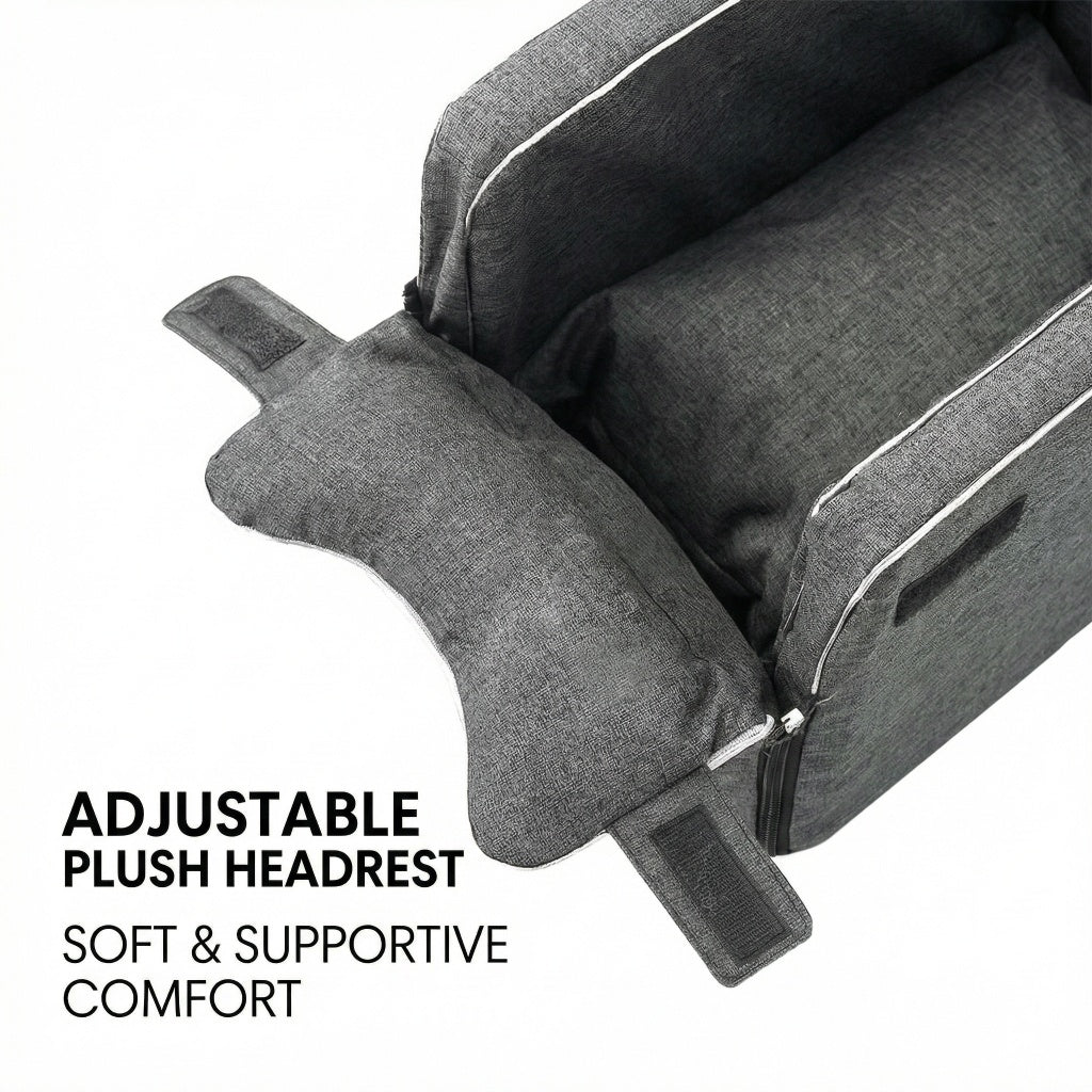 Gray 2-in-1 center console dog car seat and portable carrier on a white background with an adjustable plush headrest.