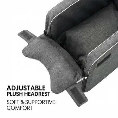 Gray 2-in-1 center console dog car seat and portable carrier on a white background with an adjustable plush headrest.