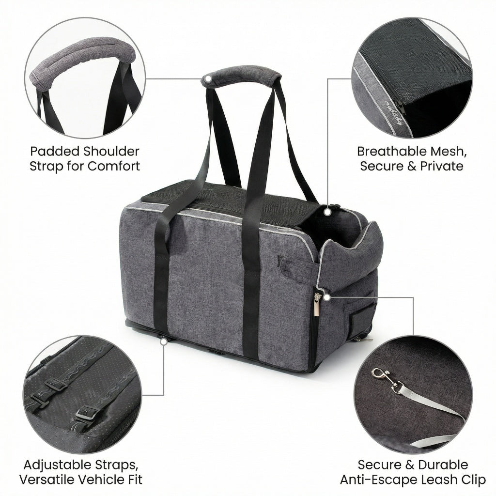 Gray 2-in-1 center console dog car seat and portable carrier with padded straps, mesh top, and leash clip on white background.