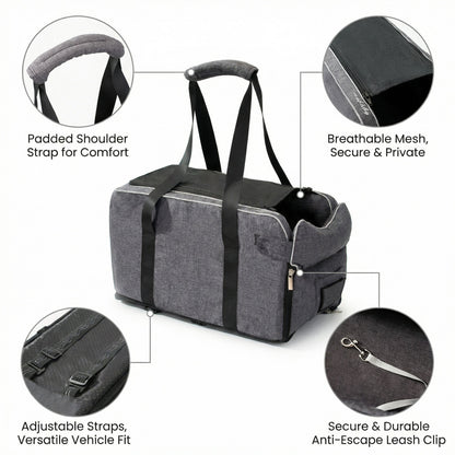 Gray 2-in-1 center console dog car seat and portable carrier with padded straps, mesh top, and leash clip on white background.