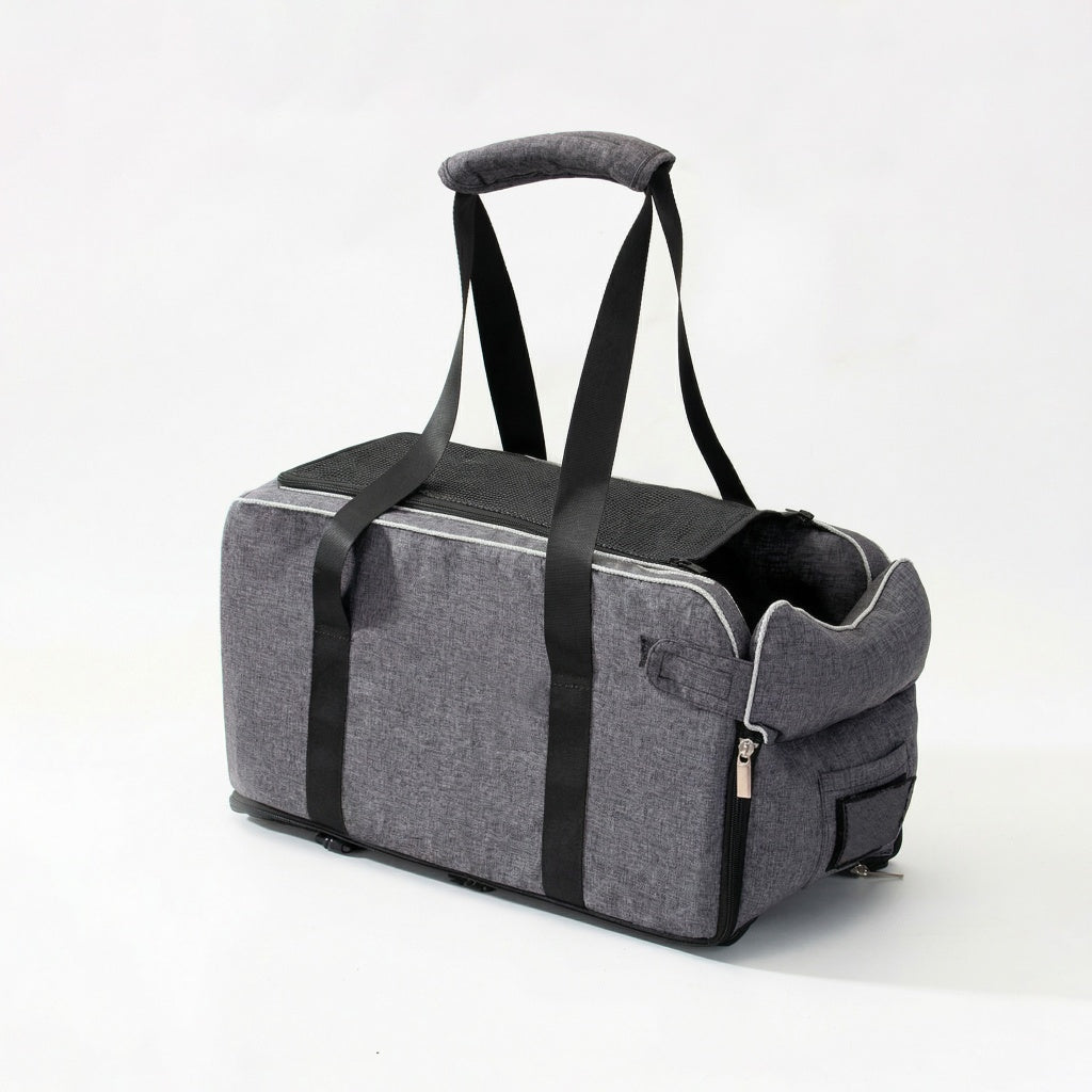 Gray 2-in-1 center console dog car seat and portable carrier with black straps, shown on a white background.