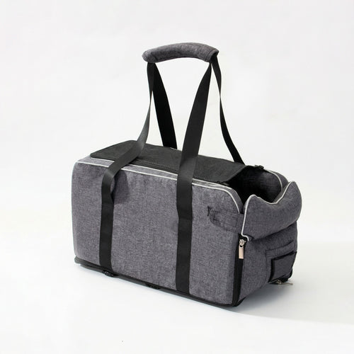 Gray 2-in-1 center console dog car seat and portable carrier with black straps, shown on a white background.