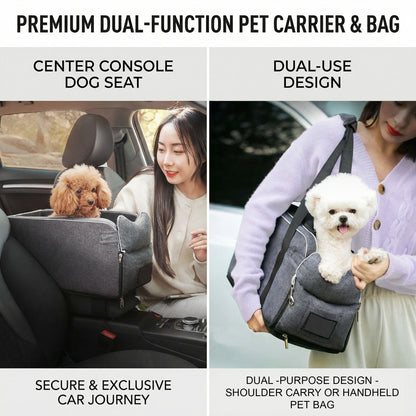 Split-screen promo shows a center console dog car seat and portable carrier with a brown poodle and white toy dog.