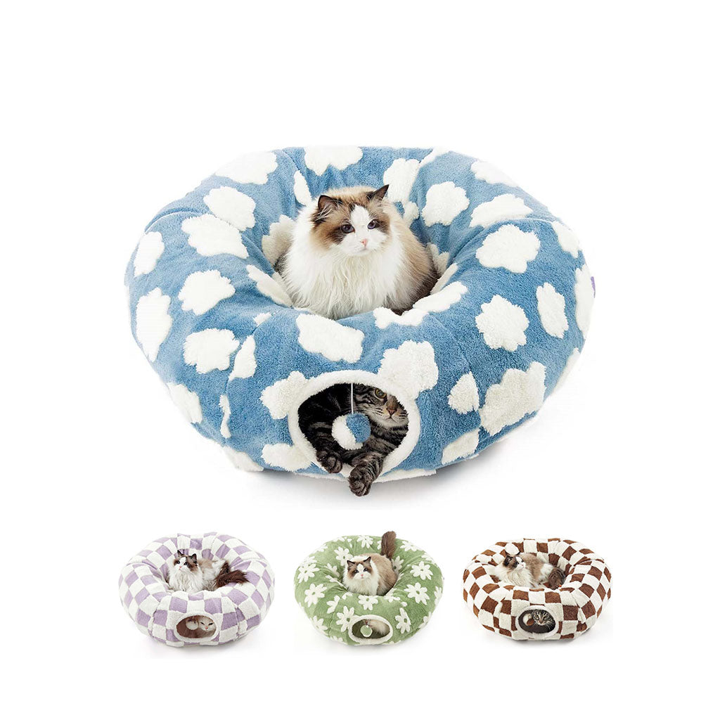 Blue Cloud variant — 2-in-1 donut cat tunnel bed on white background, with a longhair cat inside and a tabby in the tunnel.