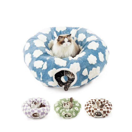 Blue Cloud variant — 2-in-1 donut cat tunnel bed on white background, with a longhair cat inside and a tabby in the tunnel.