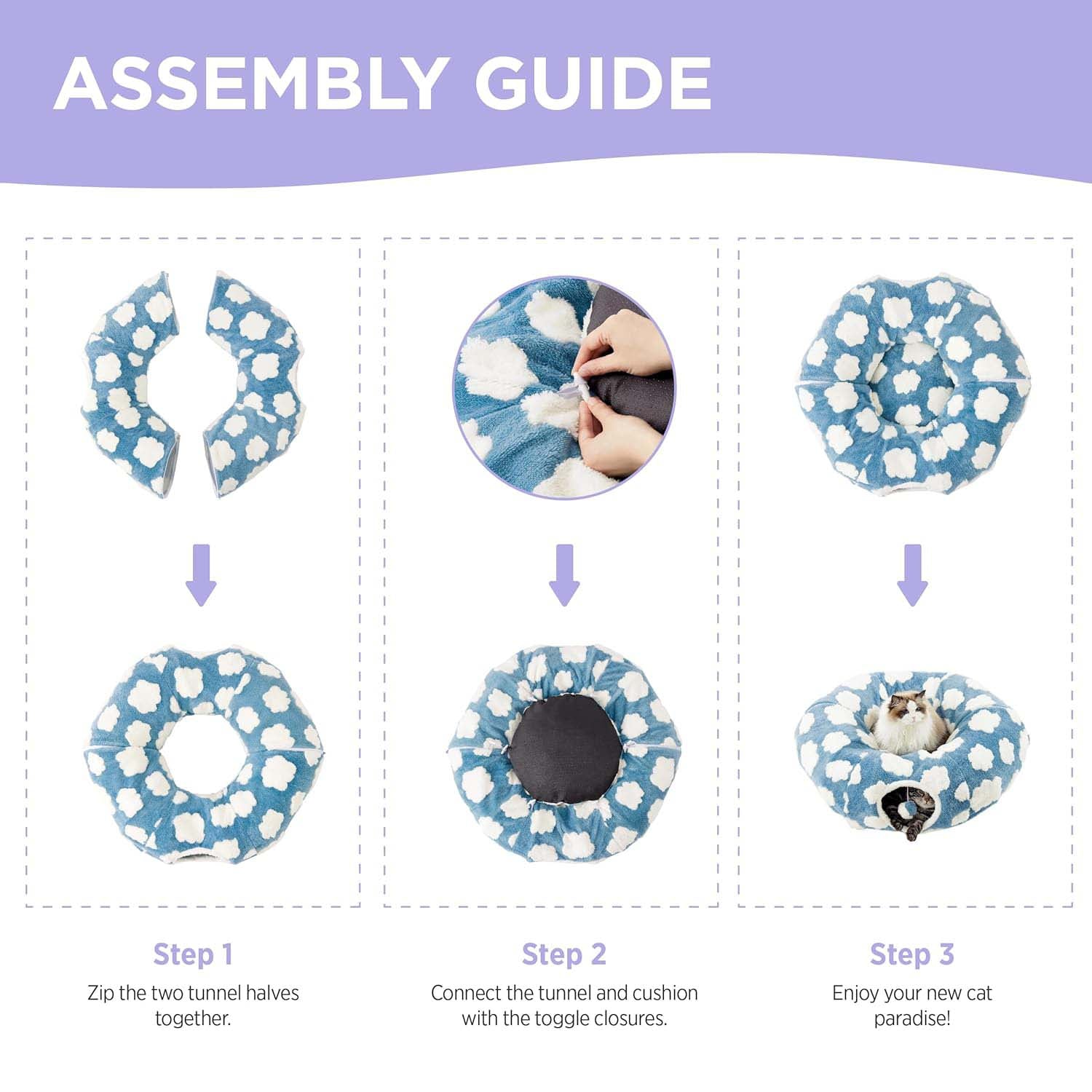 Assembly diagram: zip the two halves together along one edge, attach the cushion with toggle closures.