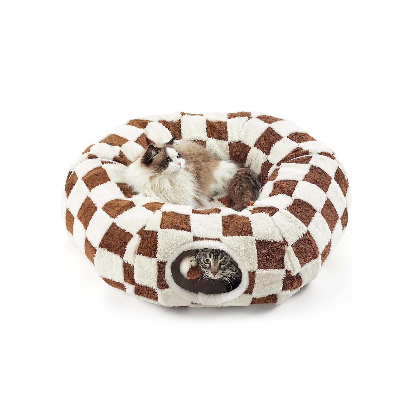 Brown Checkered variant — longhair cat on top, tabby peeking from the tunnel entrance of the brown-and-cream check donut bed.