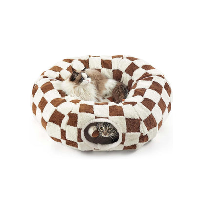 Brown Checkered variant — longhair cat on top, tabby peeking from the tunnel entrance of the brown-and-cream check donut bed.