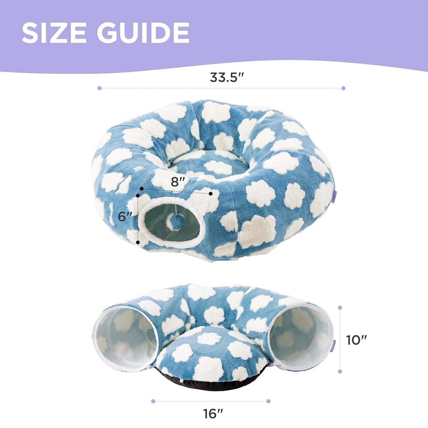 Size guide: 33.5" outer diameter, 16" cushion, 10" tall, tunnel opening 8" wide × 6" tall.