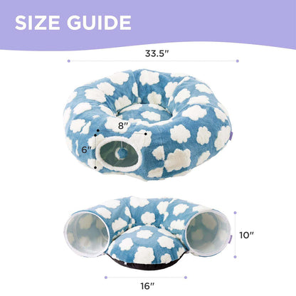 Size guide: 33.5" outer diameter, 16" cushion, 10" tall, tunnel opening 8" wide × 6" tall.