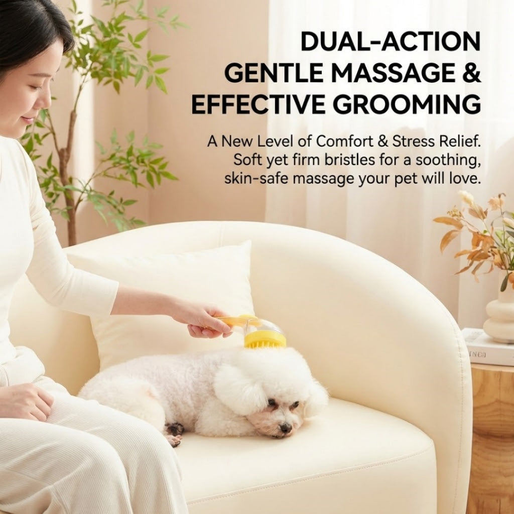Woman uses a 2-in-1 pet bath massage brush and shampoo dispenser on a white poodle on a cream sofa in a cozy living room.