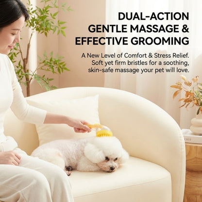 Woman uses a 2-in-1 pet bath massage brush and shampoo dispenser on a white poodle on a cream sofa in a cozy living room.
