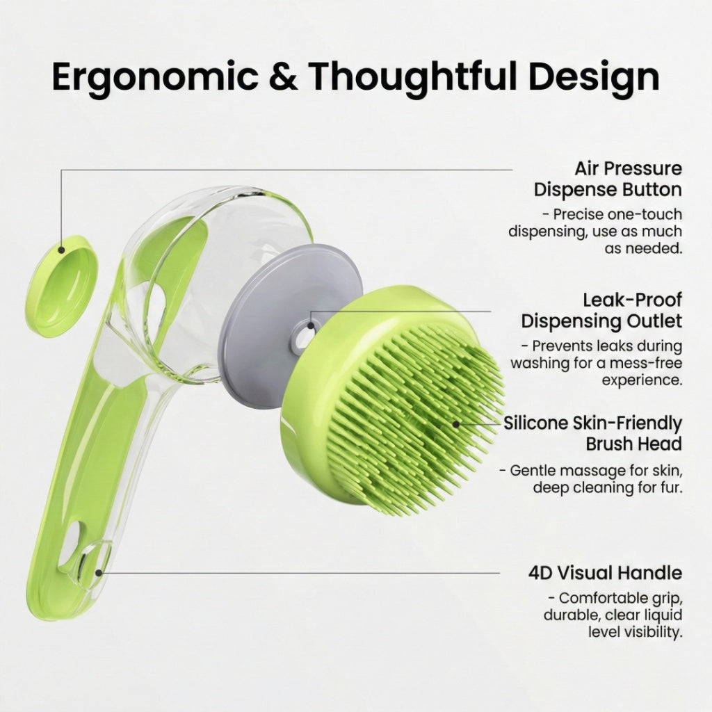 Exploded view of a green pet bath massage brush and shampoo dispenser on a white background with labeled parts.