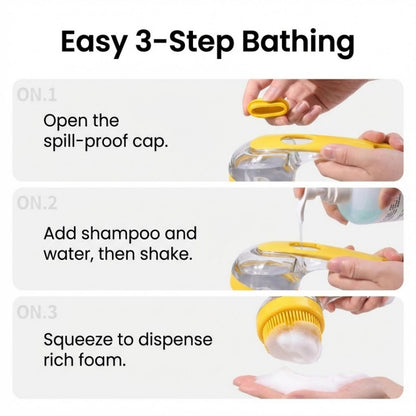 White-background infographic shows a 2-in-1 pet bath massage brush and shampoo dispenser opened, filled, and foaming in three steps.