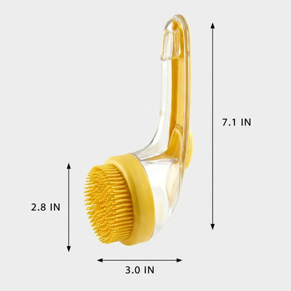 Yellow transparent 2-in-1 pet bath massage brush with shampoo dispenser, shown on a white background with dimensions.