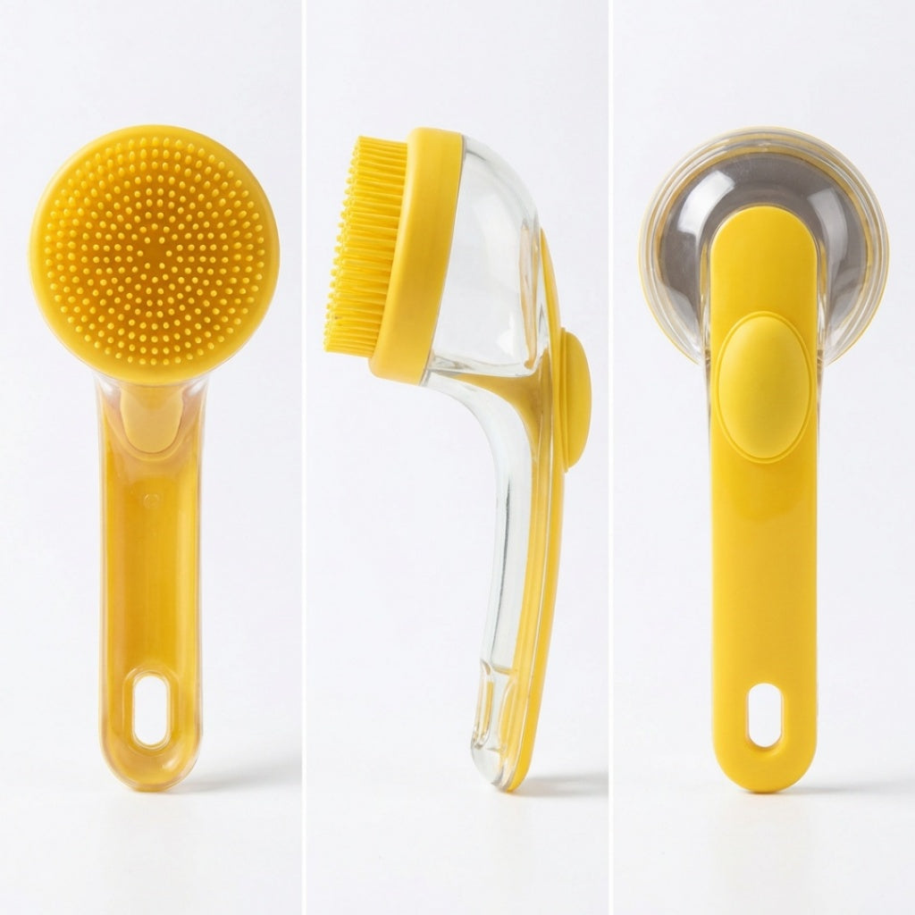 Yellow 2-in-1 pet bath massage brush and shampoo dispenser shown front, side, and back on a white background.