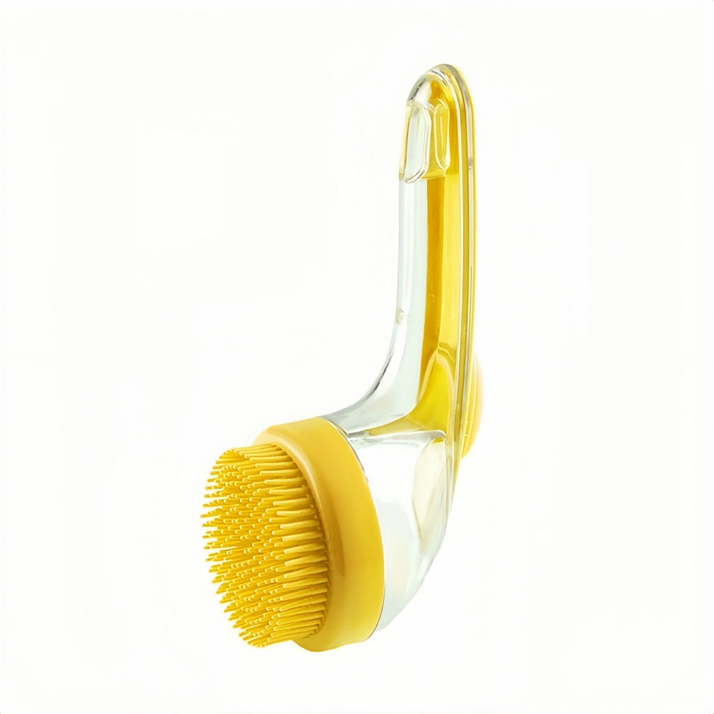 Yellow and clear 2-in-1 pet bath massage brush with silicone bristles and shampoo dispenser on a white background.