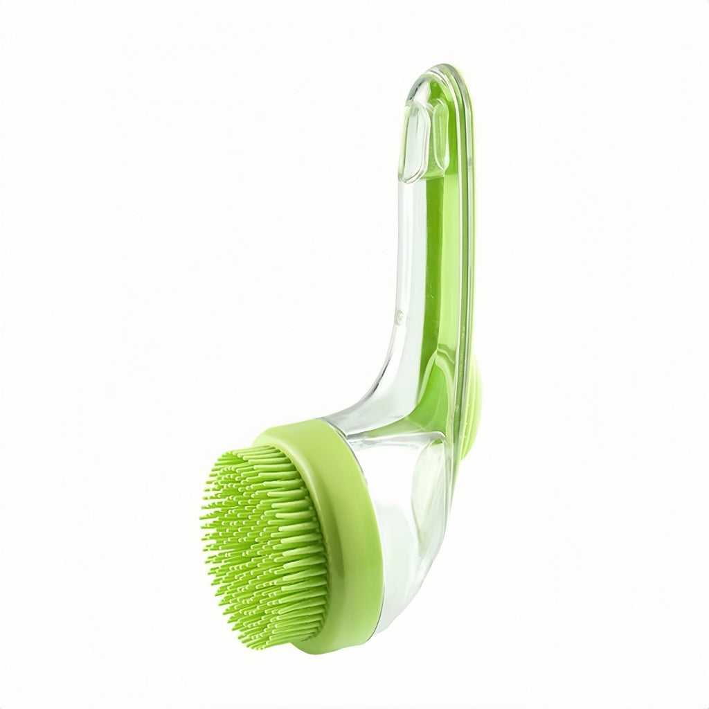 Green and clear 2-in-1 pet bath massage brush with shampoo dispenser, isolated on a white background.