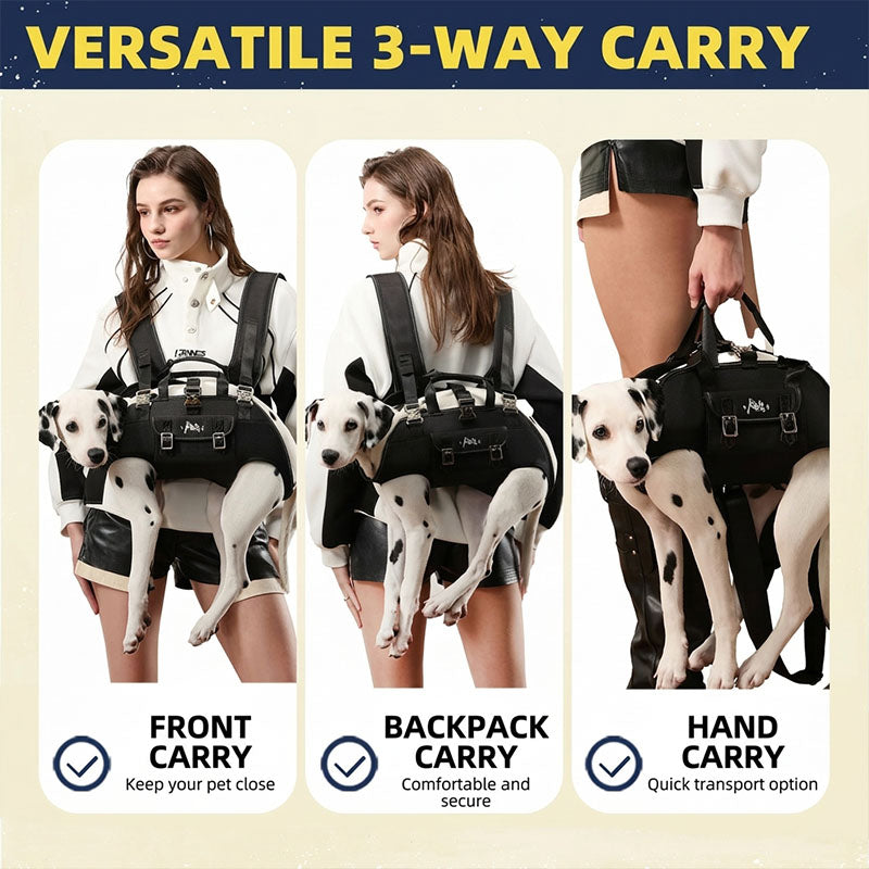 PawsMore 3-in-1 dog carrier backpack infographic showing three carry modes — front carry with Dalmatian dog held close to owner's chest, backpack carry with Dalmatian secured on owner's back, and hand carry using padded top handle for quick transport, demonstrating versatile hands-free dog carrier backpack for small and large breeds