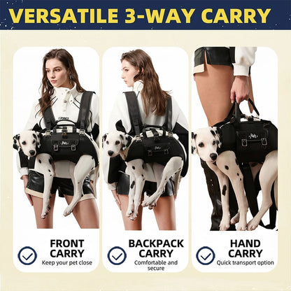 PawsMore 3-in-1 dog carrier backpack infographic showing three carry modes — front carry with Dalmatian dog held close to owner's chest, backpack carry with Dalmatian secured on owner's back, and hand carry using padded top handle for quick transport, demonstrating versatile hands-free dog carrier backpack for small and large breeds
