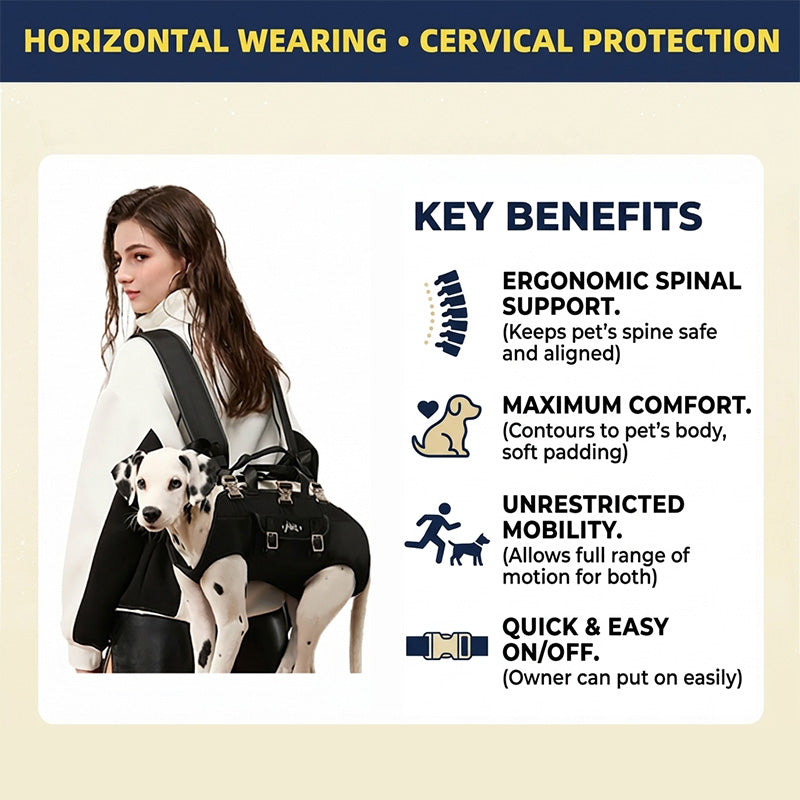 PawsMore ergonomic dog carrier backpack key benefits infographic showing horizontal carrying position for cervical and spinal protection, with a woman carrying a Dalmatian dog in the backpack carry mode, highlighting ergonomic spinal support, maximum comfort with soft padding, unrestricted mobility, and quick and easy on and off design for hands-free dog travel