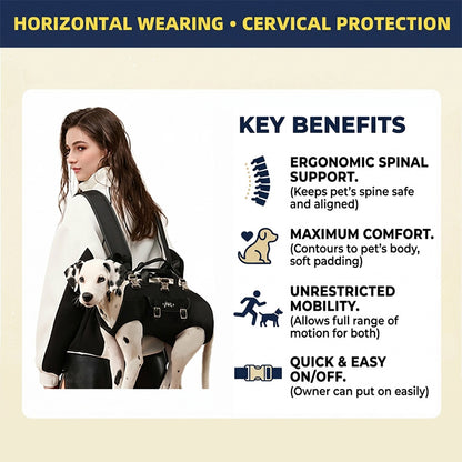 PawsMore ergonomic dog carrier backpack key benefits infographic showing horizontal carrying position for cervical and spinal protection, with a woman carrying a Dalmatian dog in the backpack carry mode, highlighting ergonomic spinal support, maximum comfort with soft padding, unrestricted mobility, and quick and easy on and off design for hands-free dog travel