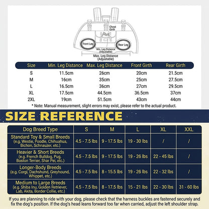 PawsMore dog carrier backpack full size guide chart showing leg distance and girth measurements for sizes S through 2XL, with breed weight reference table for toy and small breeds, heavier and short breeds like French Bulldog and Pug, longer-body breeds like Corgi and Dachshund, and medium to large breeds like Golden Retriever and Labrador, covering dogs from 4.5 to 60 pounds