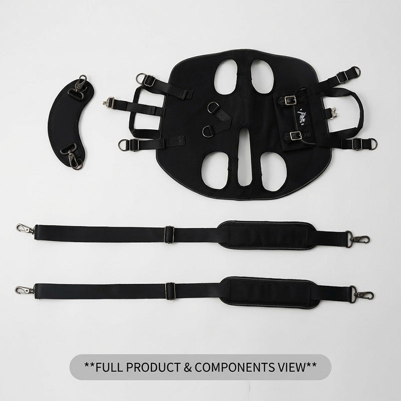 Flat lay overhead view of all PawsMore dog carrier backpack components on white background including the main black Oxford fabric carrier body panel with ergonomic leg cutouts, metal D-rings and buckle hardware, two padded adjustable nylon shoulder straps with metal snap hooks, and one curved padded waist support strap — complete contents of the hands-free 3-in-1 dog backpack carrier set
