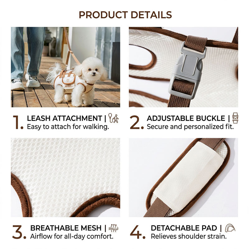 Detail graphic showing leash attachment, adjustable buckle, breathable mesh, and detachable shoulder pad.