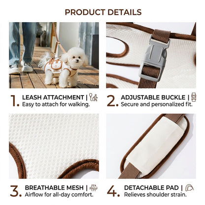 Detail graphic showing leash attachment, adjustable buckle, breathable mesh, and detachable shoulder pad.