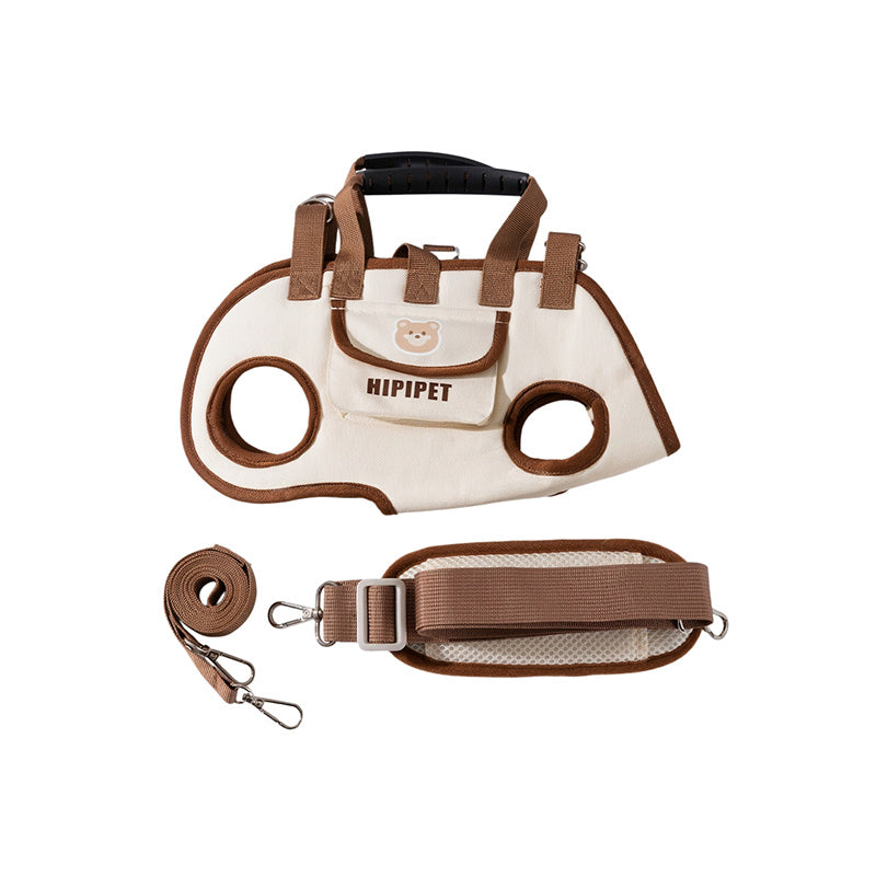 Khaki 4-in-1 dog carrier harness kit with carrier body, padded shoulder strap, and 1.5m leash.