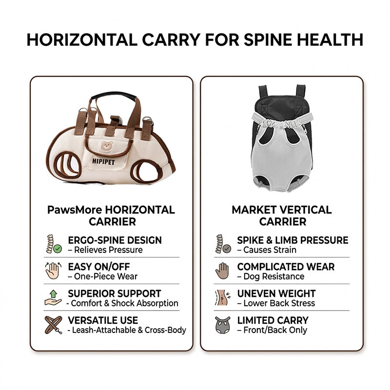 Comparison graphic showing horizontal dog carrier harness layout beside a vertical carrier example.