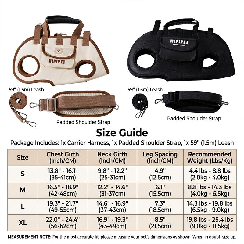 Size guide for 4-in-1 dog carrier harness showing S to XL chest, neck, leg spacing, and weight ranges.