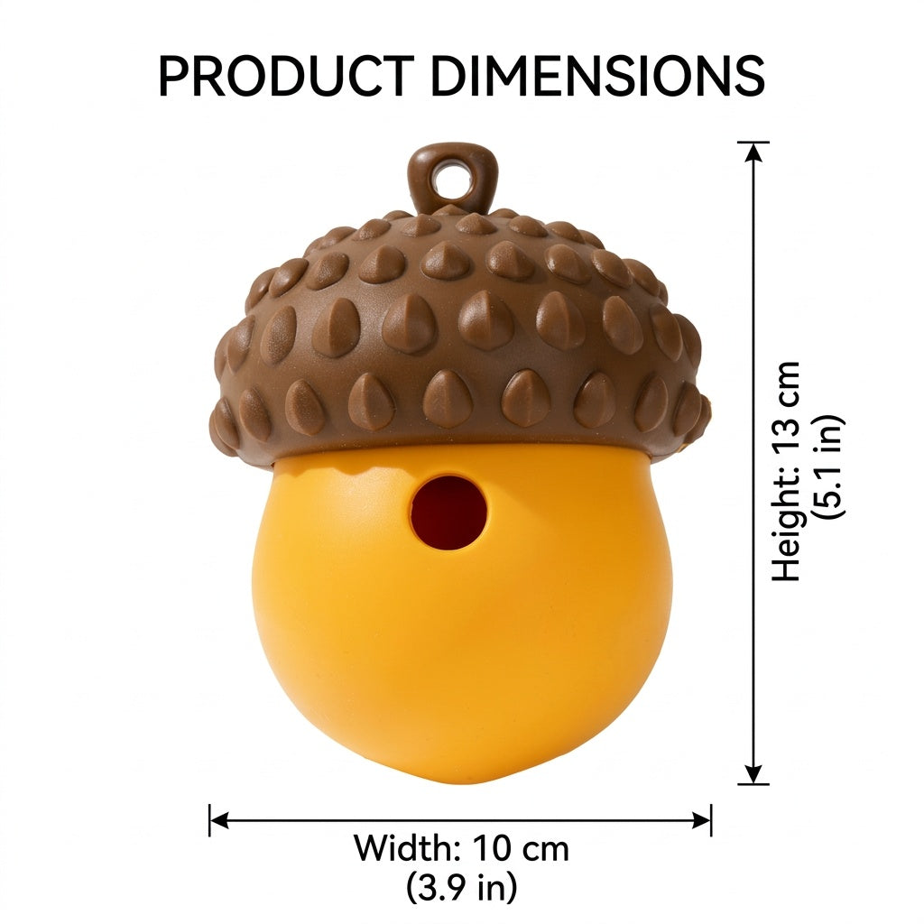 White-background product dimensions graphic of a brown-and-yellow acorn dog treat dispenser toy, 13 cm tall and 10 cm wide.